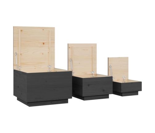 Cajas de almacenaje con tapa 3 pzas madera maciza pino gris