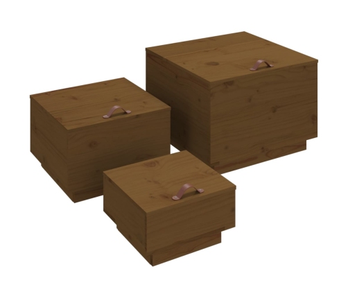 Cajas de almacenaje con tapa 3 pzas madera maciza pino miel