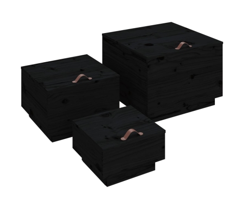 Cajas de almacenaje con tapa 3 pzas madera maciza pino negro