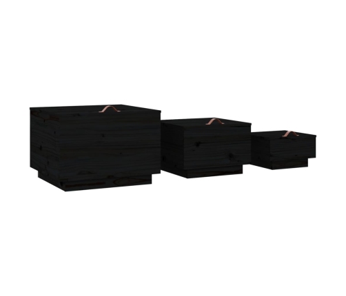 Cajas de almacenaje con tapa 3 pzas madera maciza pino negro