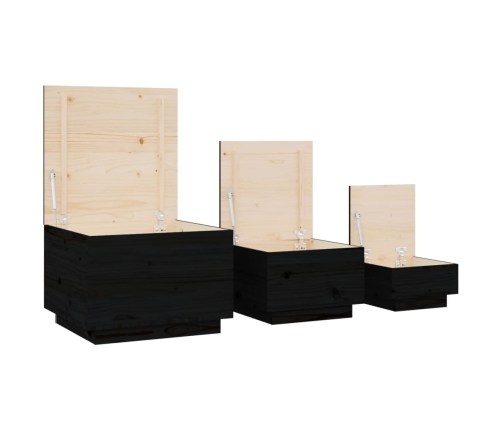 Cajas de almacenaje con tapa 3 pzas madera maciza pino negro