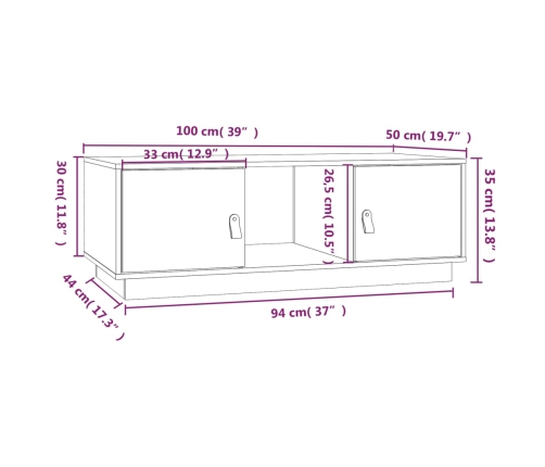 Mesa de centro de madera maciza de pino gris 100x50x35 cm