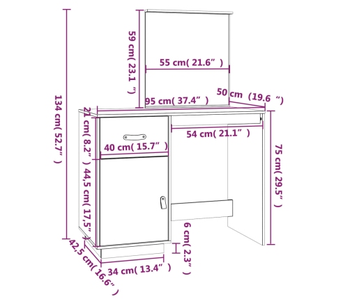 Mesa tocador de madera maciza de pino blanca 95x50x134 cm