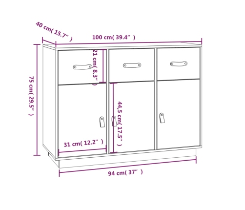 Aparador madera maciza de pino blanco 100x40x75 cm