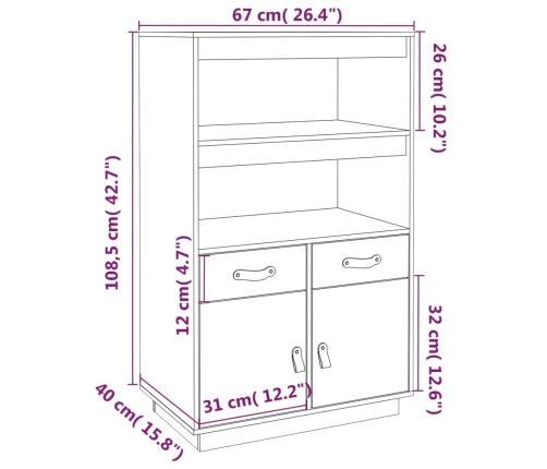 Aparador de madera maciza de pino 67x40x108,5 cm