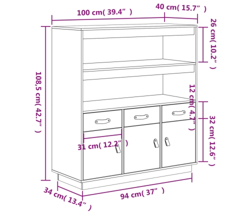 Aparador de madera maciza de pino 100x40x108,5 cm