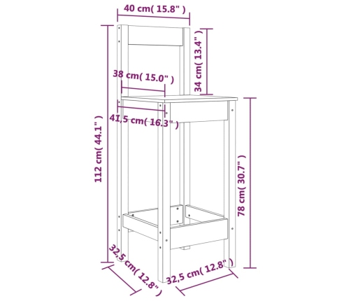 Taburetes altos 2 uds madera maciza de pino 40x41,5x112 cm