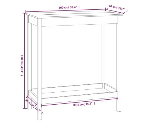 Mesa alta de bar madera maciza de pino 100x50x110 cm