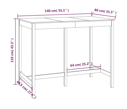 Mesa alta de bar de madera maciza de pino 140x80x110 cm