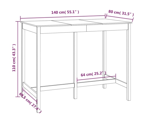 Mesa alta de bar de madera maciza de pino gris 140x80x110 cm