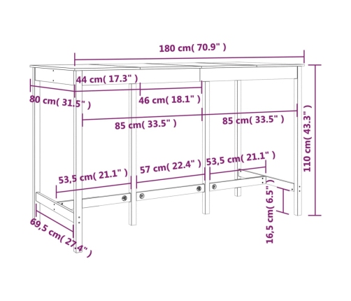 Mesa alta de bar de madera maciza de pino 180x80x110 cm