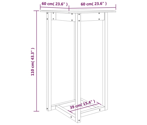 Mesa alta de bar de madera maciza de pino 60x60x110 cm