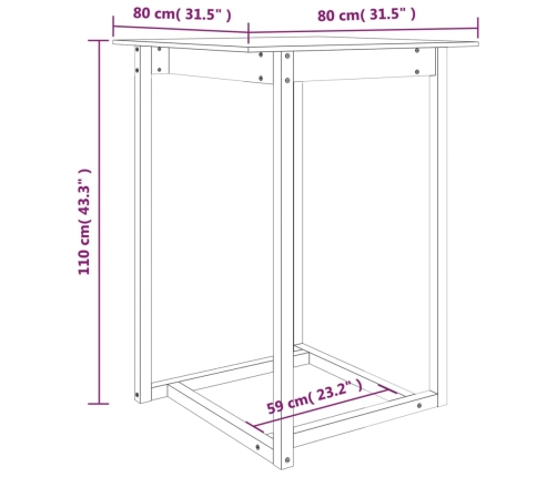 Mesa alta de bar de madera maciza de pino 80x80x110 cm