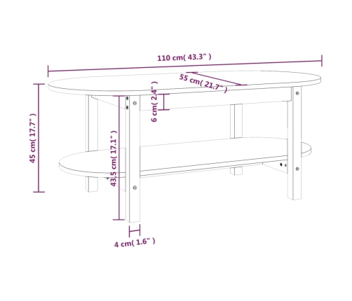 Mesa de centro de madera maciza de pino 110x55x45 cm