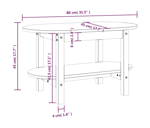 Mesa de centro de madera maciza de pino 80x45x45 cm