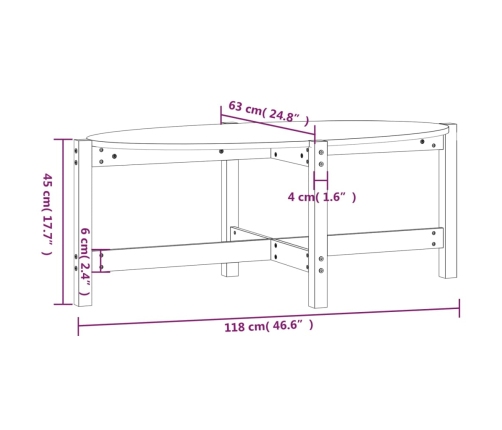 Mesa de centro de madera maciza de pino 118x63x45 cm