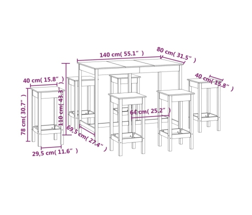 Set de bar 7 piezas madera maciza de pino