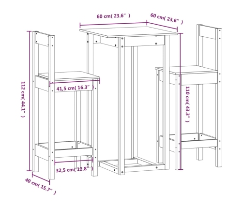 Set de bar 3 piezas madera maciza de pino marrón miel