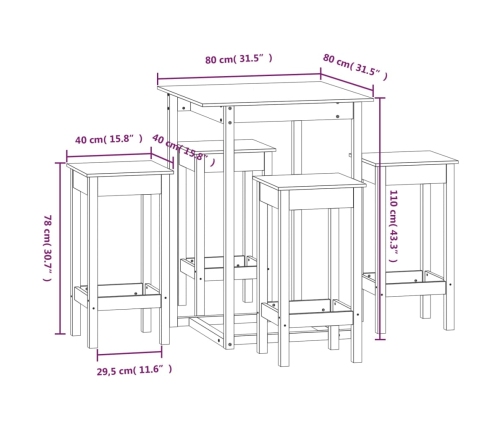 Set de bar 5 piezas madera maciza de pino marrón miel