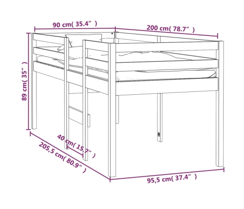 Cama alta blanca madera maciza pino 90x200 cm