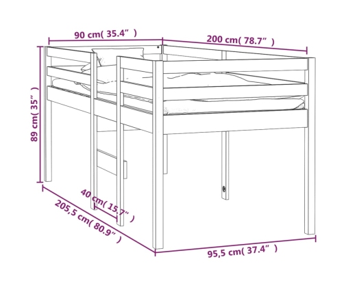 Cama alta madera maciza pino marrón miel 90x200 cm