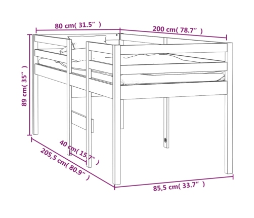 Cama alta madera maciza pino 80x200 cm