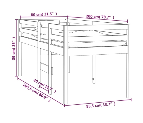 Cama alta blanca madera maciza pino 80x200 cm