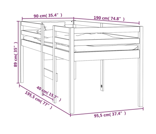 vidaXL Cama alta blanca madera maciza pino 90x190 cm