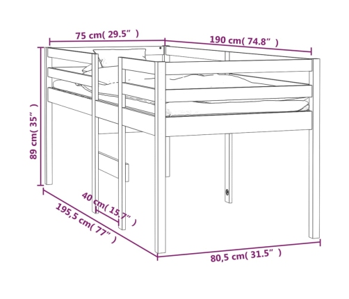 Cama alta blanca madera maciza pino 75x190 cm