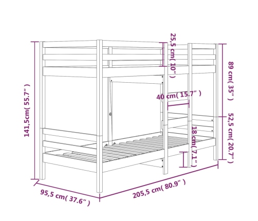 Cama litera sin colchón madera maciza de pino 90x200 cm