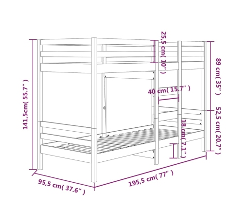 Cama litera sin colchón madera maciza de pino 90x190 cm