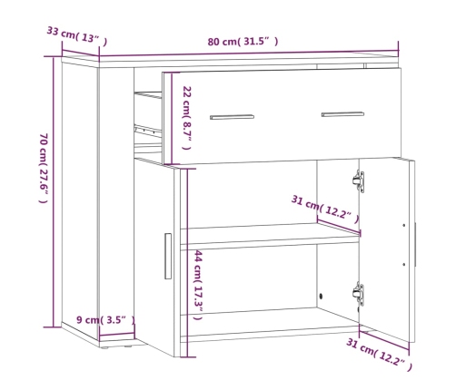 Aparador de madera contrachapada blanco brillante 80x33x70 cm