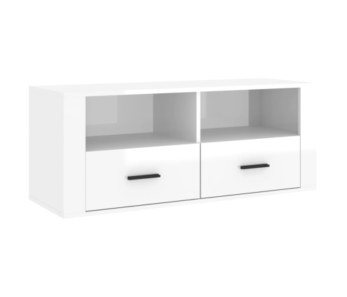 Mueble de TV madera contrachapada blanco brillo 100x35x40 cm