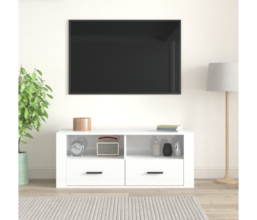 Mueble de TV madera contrachapada blanco brillo 100x35x40 cm