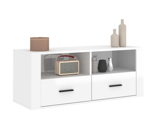 Mueble de TV madera contrachapada blanco brillo 100x35x40 cm