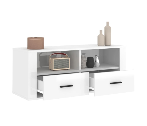 Mueble de TV madera contrachapada blanco brillo 100x35x40 cm