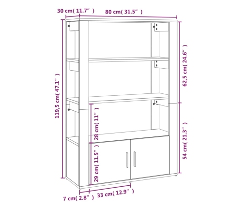 Aparador de madera contrachapada blanco brillo 80x30x119,5 cm