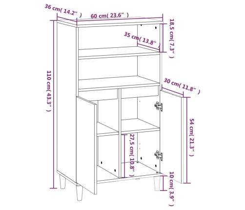 Aparador alto madera contrachapada blanco brillo 60x36x110 cm