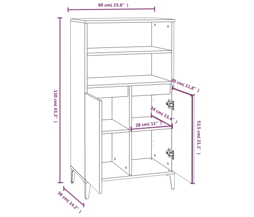 Aparador alto madera contrachapada blanco brillo 60x36x110 cm