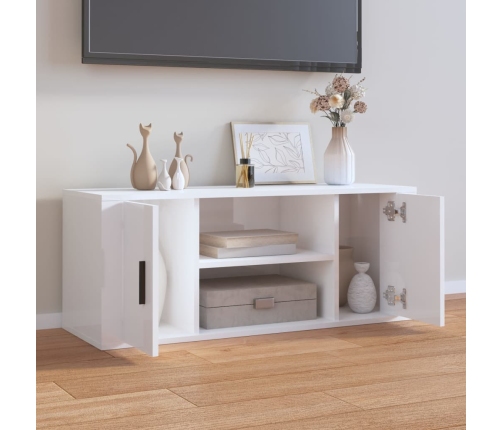 Mueble de TV madera contrachapada blanco brillo 100x35x40 cm