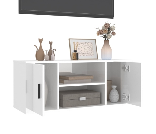 Mueble de TV madera contrachapada blanco brillo 100x35x40 cm