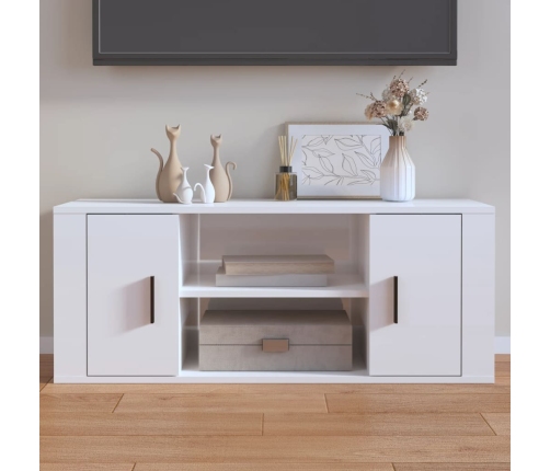 Mueble de TV madera contrachapada blanco brillo 100x35x40 cm