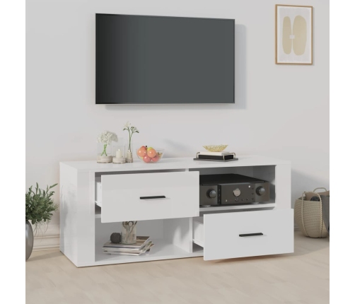 Mueble de TV madera contrachapada blanco brillo 100x35x40 cm