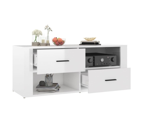 Mueble de TV madera contrachapada blanco brillo 100x35x40 cm