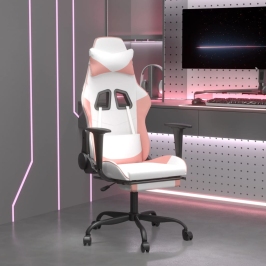 Silla gaming con reposapiés cuero sintético blanco y rosa