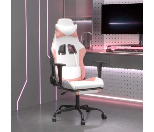 Silla gaming con reposapiés cuero sintético blanco y rosa