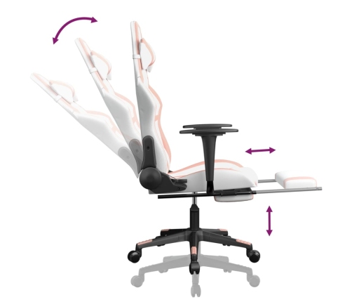 Silla gaming con reposapiés cuero sintético blanco y rosa