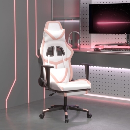 Silla gaming con reposapiés cuero sintético blanco y rosa