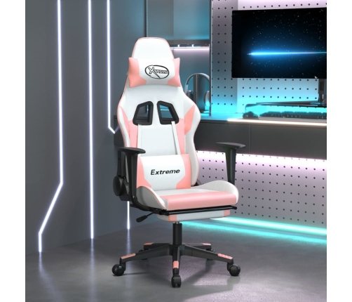 Silla gaming con reposapiés cuero sintético blanco y rosa