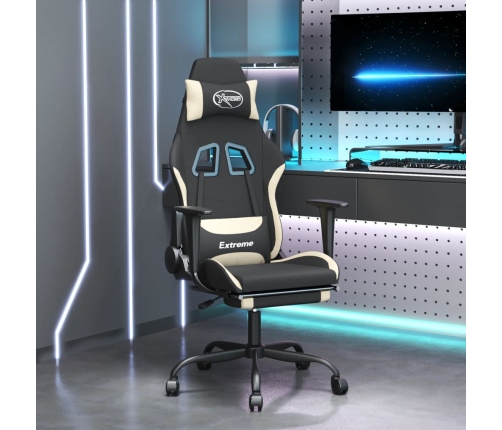 Silla gaming con reposapiés tela crema y negro